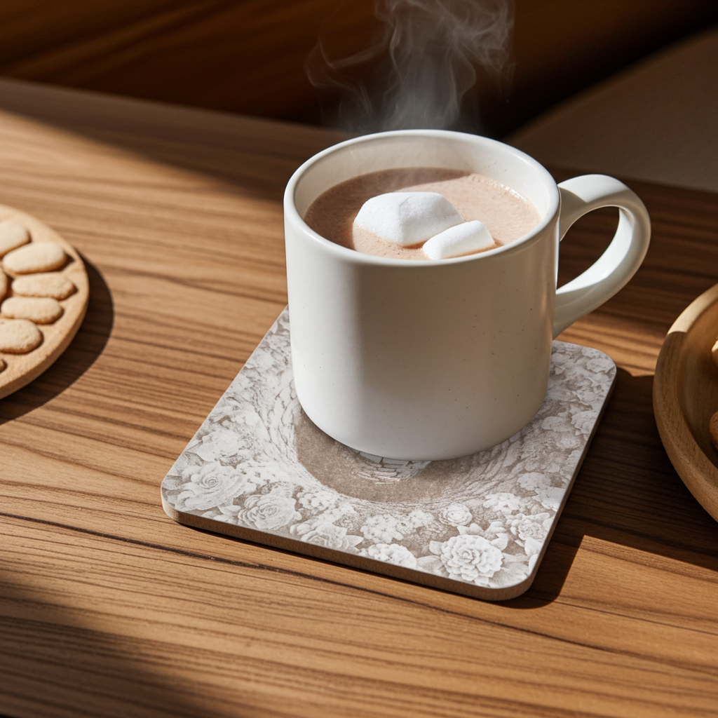 Set of 4, White Wood Drink Coasters -3d effect- Man in a well collection, with bumper feet.