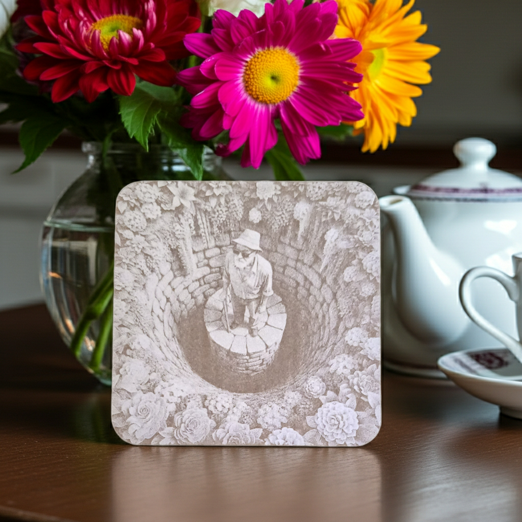 Set of 4, White Wood Drink Coasters -3d effect- Man in a well collection, with bumper feet.