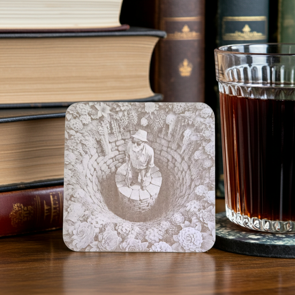 Set of 4, White Wood Drink Coasters -3d effect- Man in a well collection, with bumper feet.