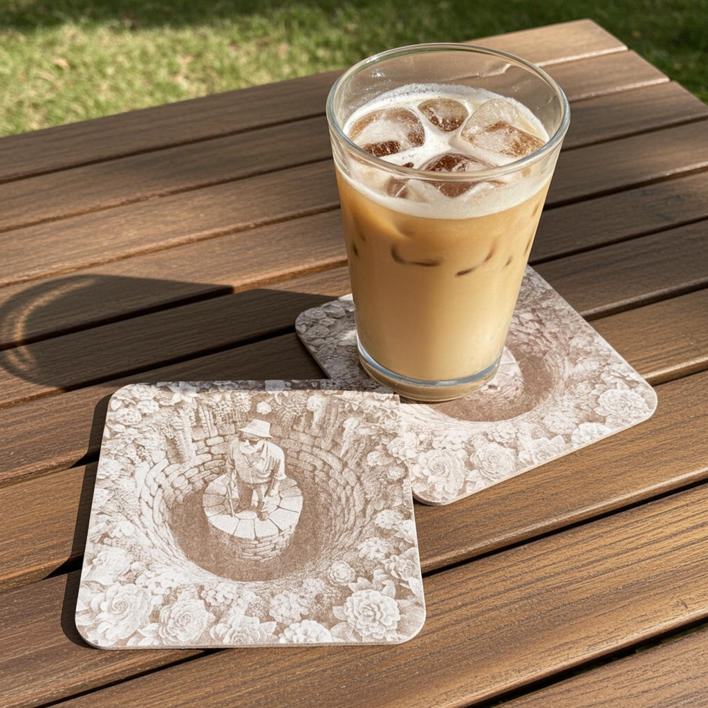 Set of 4, White Wood Drink Coasters -3d effect- Man in a well collection, with bumper feet.