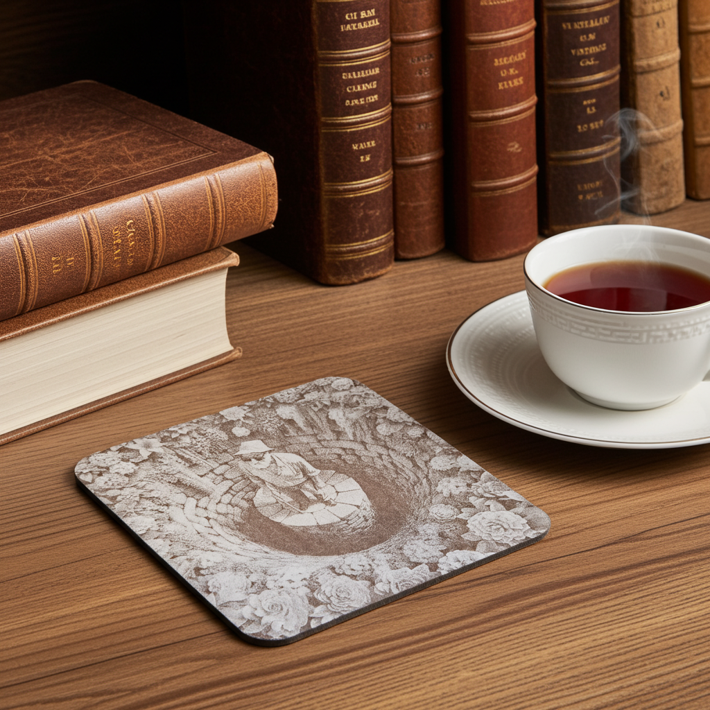 Set of 4, White Wood Drink Coasters -3d effect- Man in a well collection, with bumper feet.