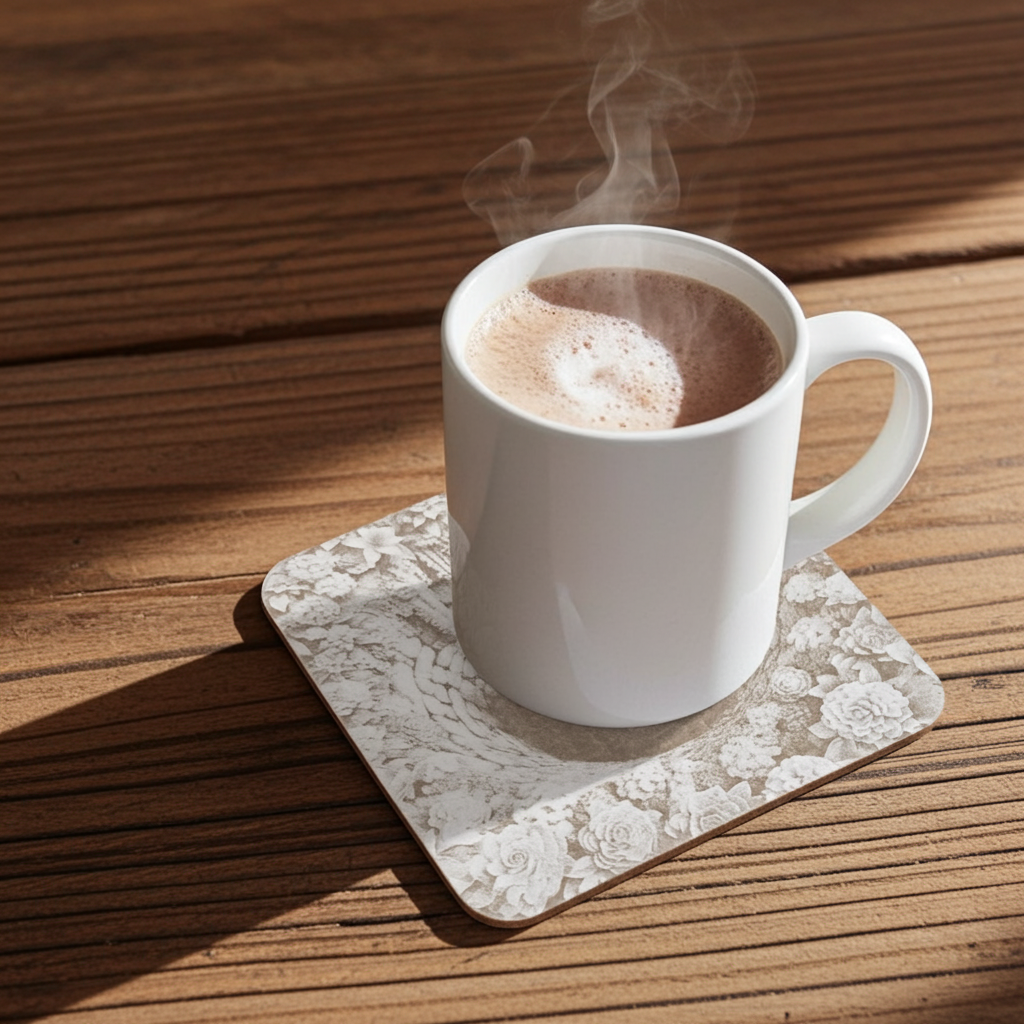 Set of 4, White Wood Drink Coasters -3d effect- Man in a well collection, with bumper feet.