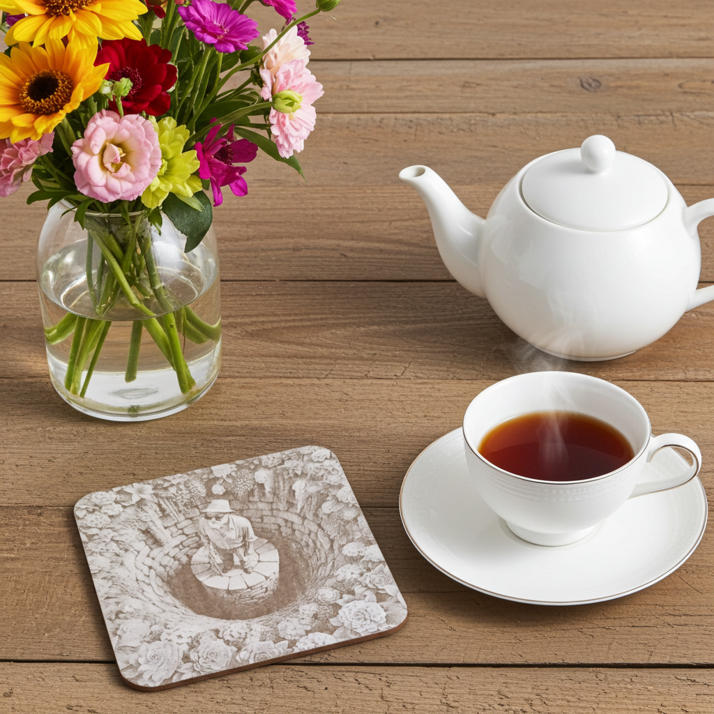 Set of 4, White Wood Drink Coasters -3d effect- Man in a well collection, with bumper feet.