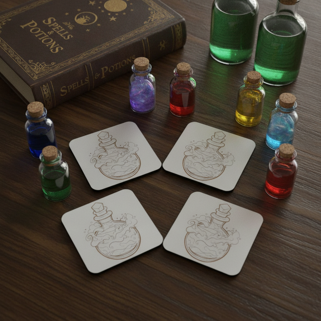 Set of 4,  White Wood, Magic Potion Engraved Drink Coasters , with Bumper Feet.