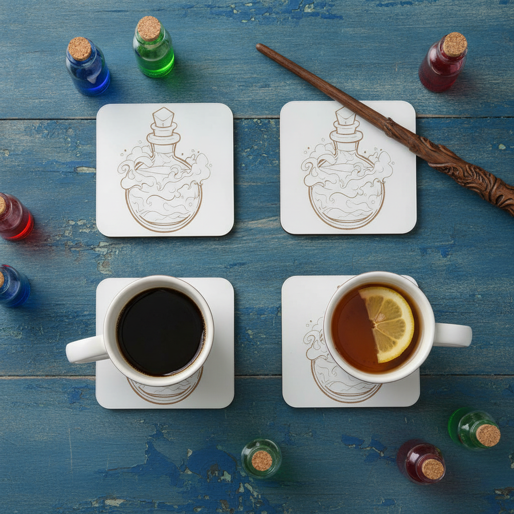 Set of 4,  White Wood, Magic Potion Engraved Drink Coasters , with Bumper Feet.