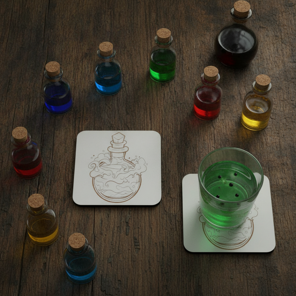 Set of 4,  White Wood, Magic Potion Engraved Drink Coasters , with Bumper Feet.