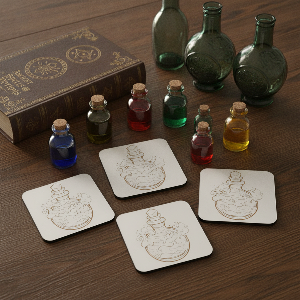 Set of 4,  White Wood, Magic Potion Engraved Drink Coasters , with Bumper Feet.