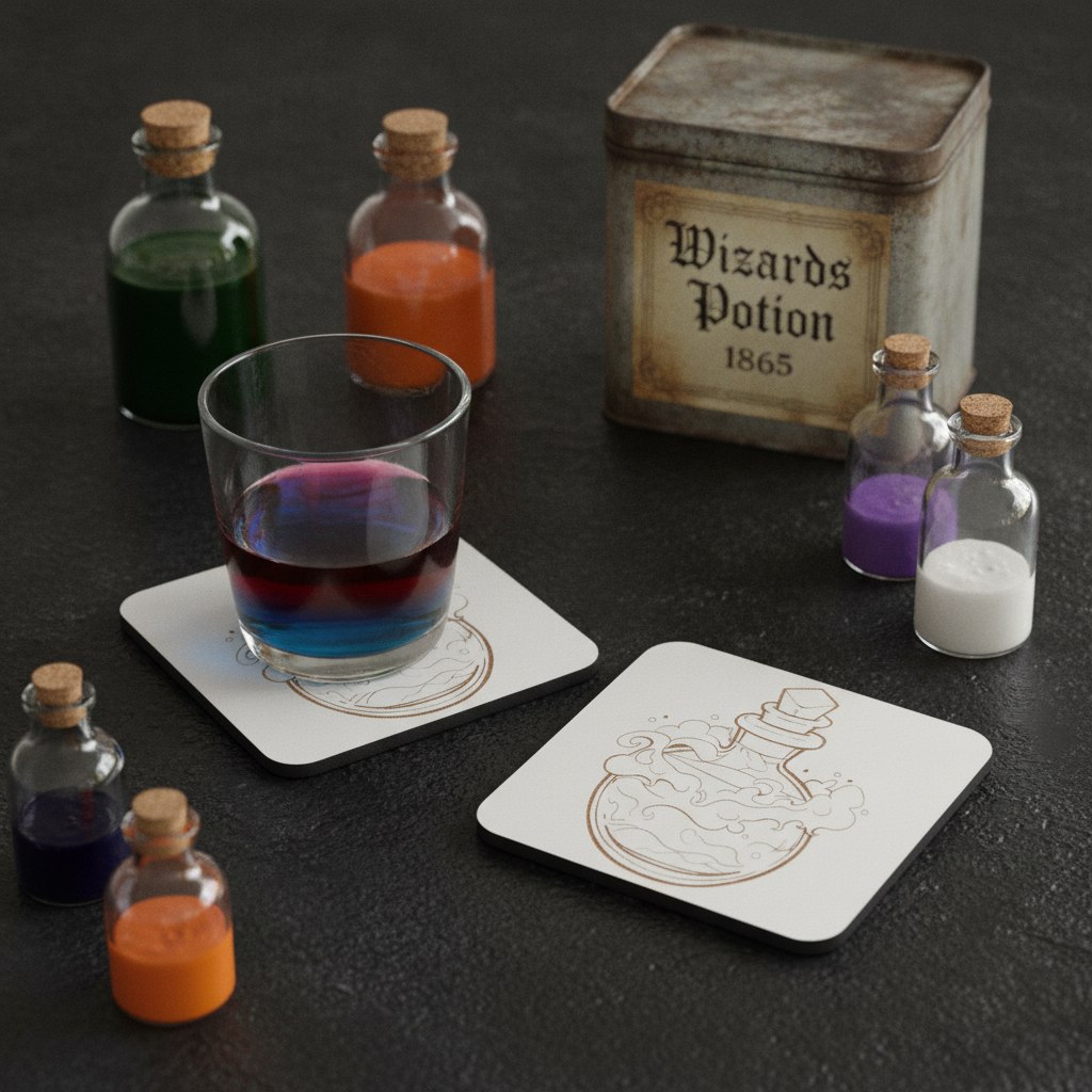 Set of 4,  White Wood, Magic Potion Engraved Drink Coasters , with Bumper Feet.