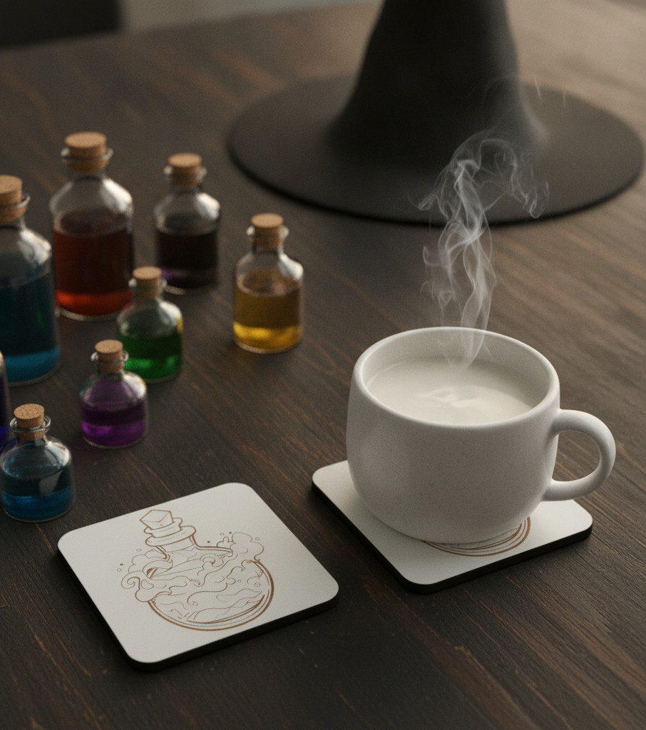 Set of 4,  White Wood, Magic Potion Engraved Drink Coasters , with Bumper Feet.