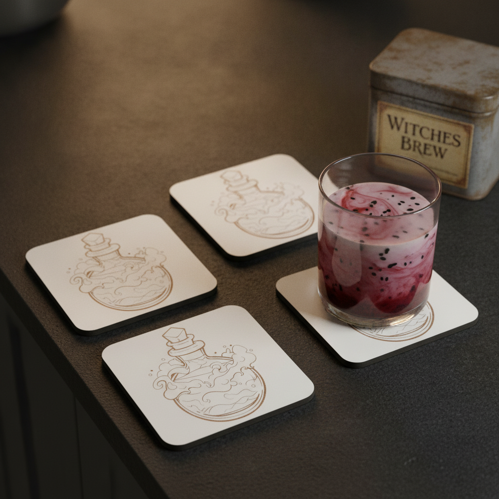 Set of 4,  White Wood, Magic Potion Engraved Drink Coasters , with Bumper Feet.