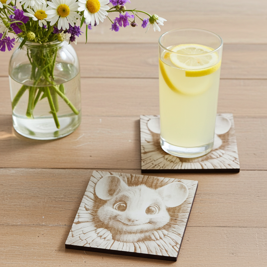 Set of 4, White topped wood coasters with detailed" cute smiling mouse" engraving, with anti-skid cork backing.