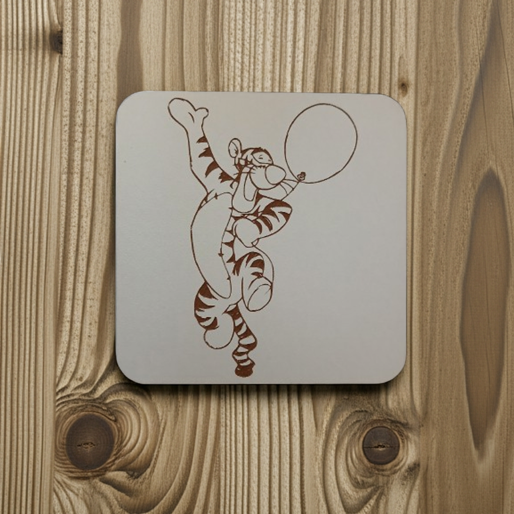 Set of 4, Winnie-The-Pooh, White Topped Wood Coasters and Bumper Feet. 9.5cm x 9.5cm.