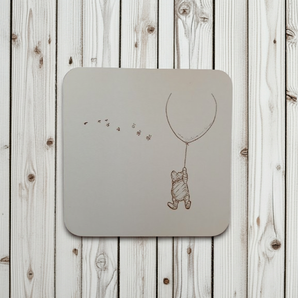 Set of 4, Winnie-The-Pooh, White Topped Wood Coasters and Bumper Feet. 9.5cm x 9.5cm.