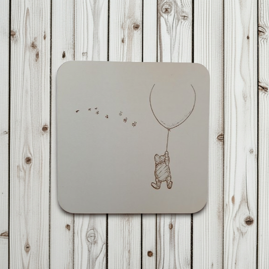Set of 4, Winnie-The-Pooh, White Topped Wood Coasters and Bumper Feet. 9.5cm x 9.5cm.