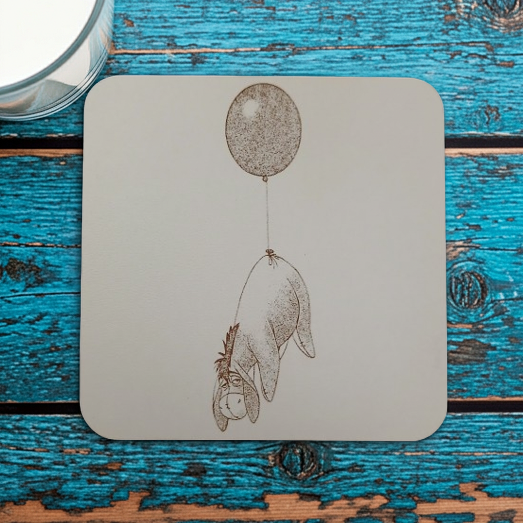 Set of 4, Winnie-The-Pooh, White Topped Wood Coasters and Bumper Feet. 9.5cm x 9.5cm.