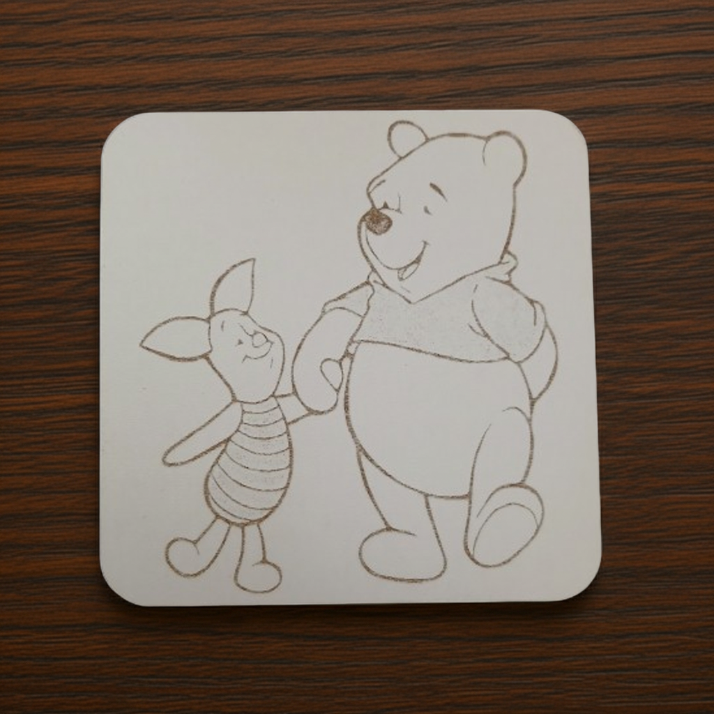 Set of 4, Winnie-The-Pooh, White Topped Wood Coasters and Bumper Feet. 9.5cm x 9.5cm.