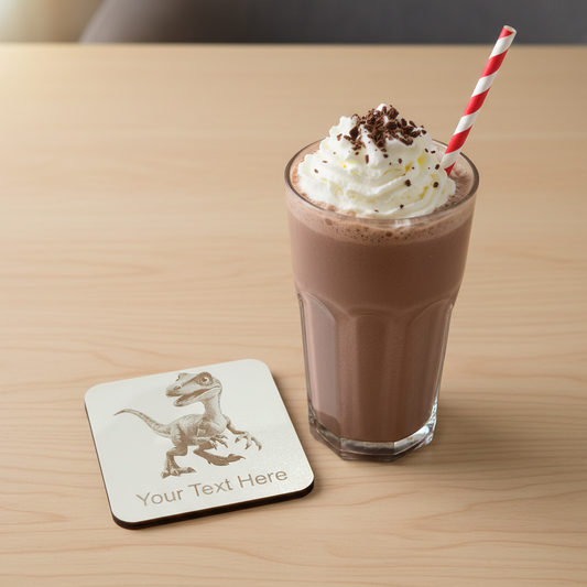 Set of 4, Wood- Personalise your own coaster- Detailed Dinosaur engraving, Bumper Feet. Any Text or Font.