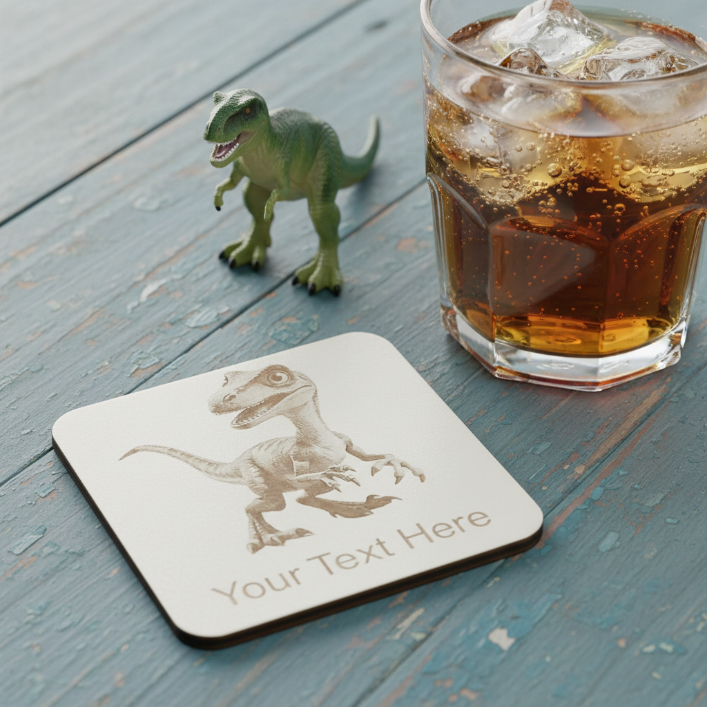 Set of 4, Wood- Personalise your own coaster- Detailed Dinosaur engraving, Bumper Feet. Any Text or Font.