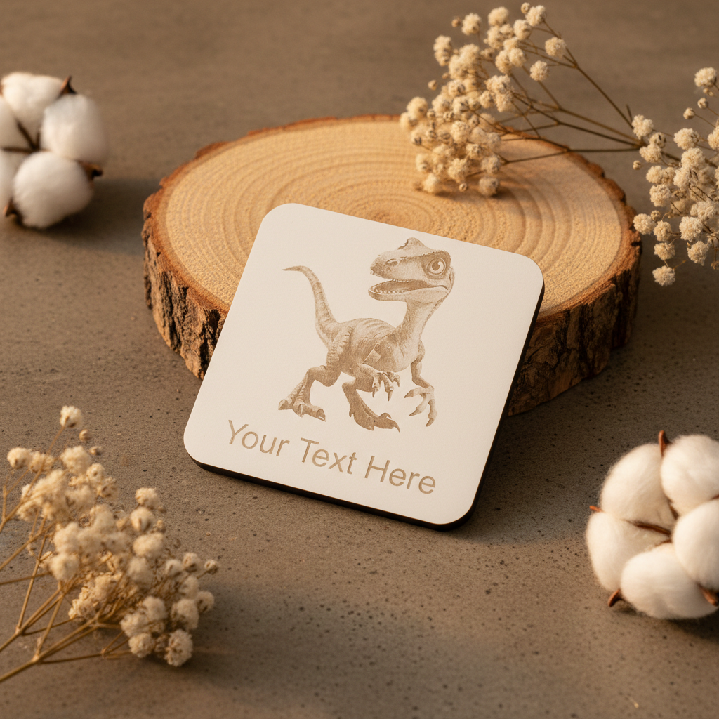 Set of 4, Wood- Personalise your own coaster- Detailed Dinosaur engraving, Bumper Feet. Any Text or Font.