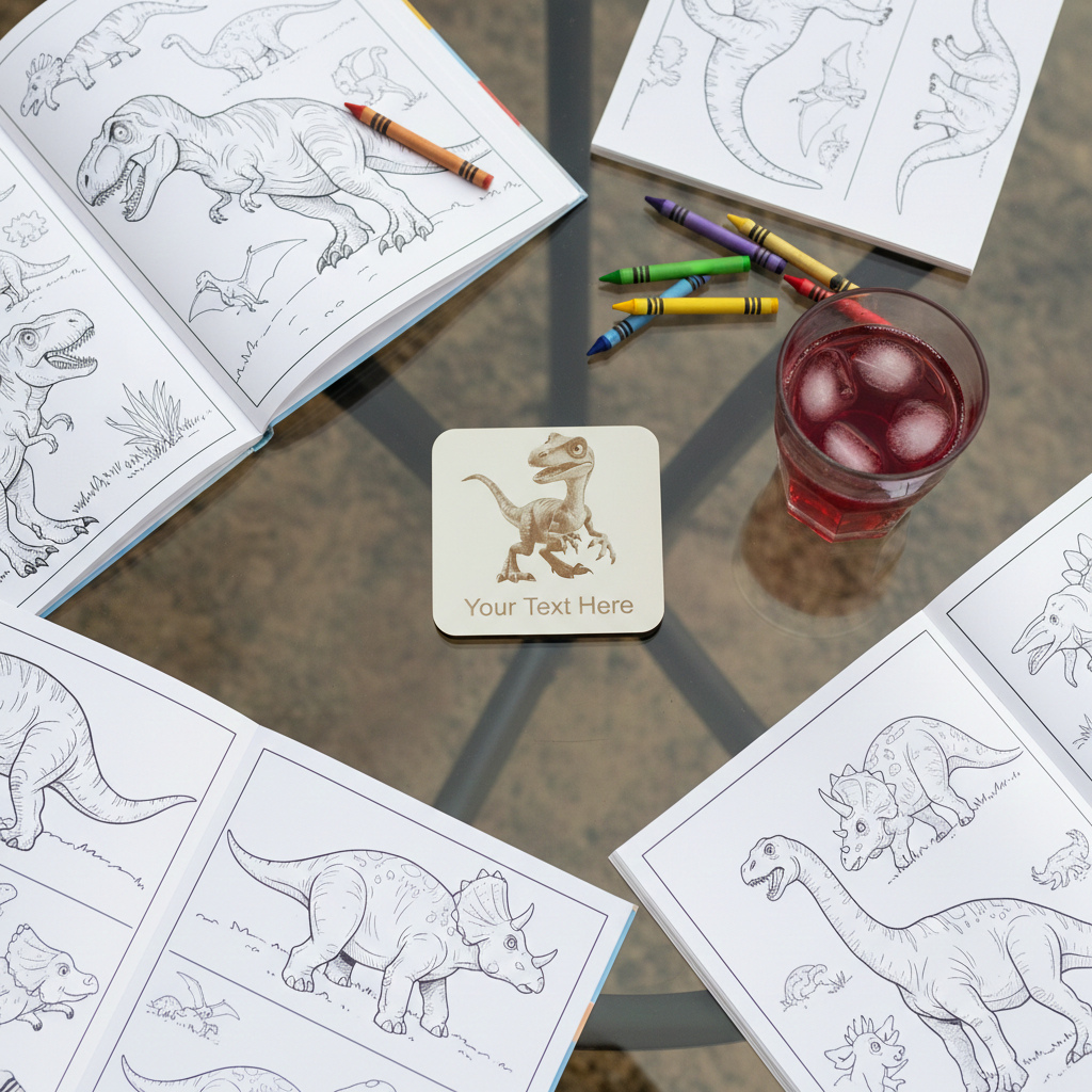 Set of 4, Wood- Personalise your own coaster- Detailed Dinosaur engraving, Bumper Feet. Any Text or Font.