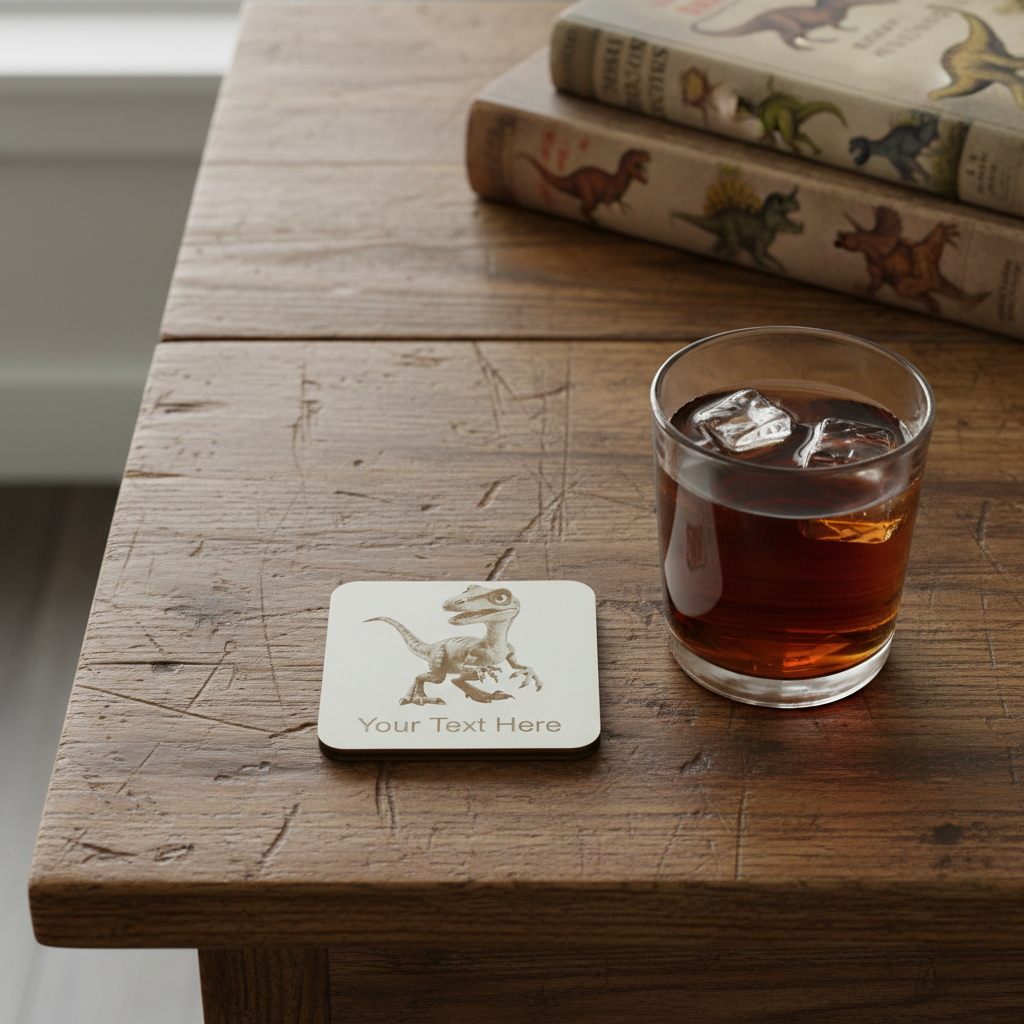 Set of 4, Wood- Personalise your own coaster- Detailed Dinosaur engraving, Bumper Feet. Any Text or Font.