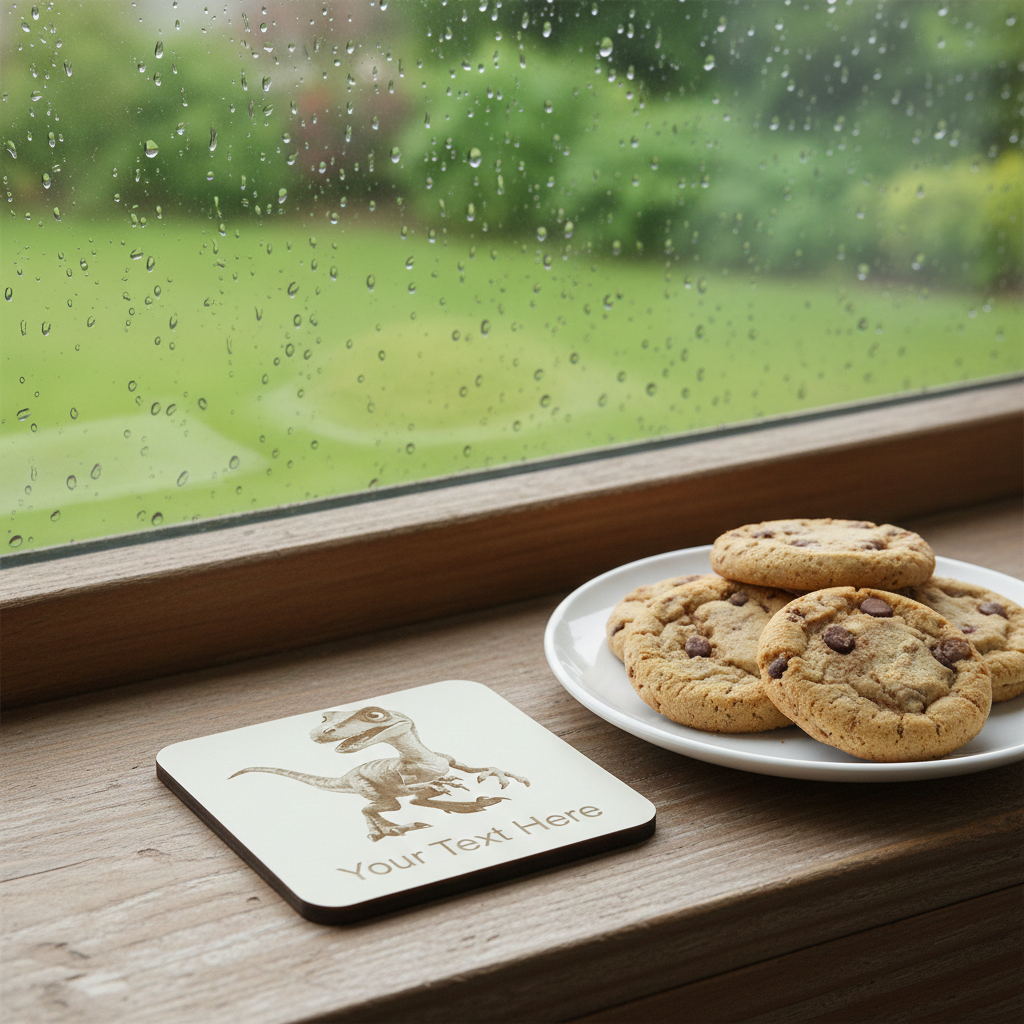Set of 4, Wood- Personalise your own coaster- Detailed Dinosaur engraving, Bumper Feet. Any Text or Font.