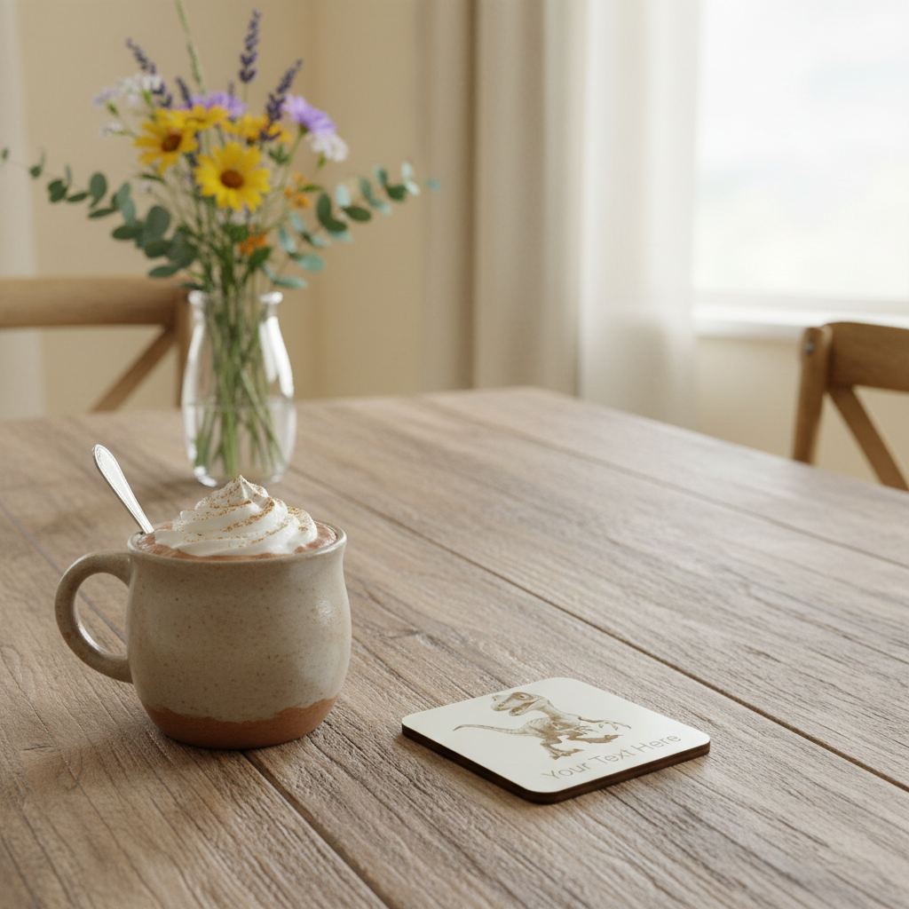 Set of 4, Wood- Personalise your own coaster- Detailed Dinosaur engraving, Bumper Feet. Any Text or Font.