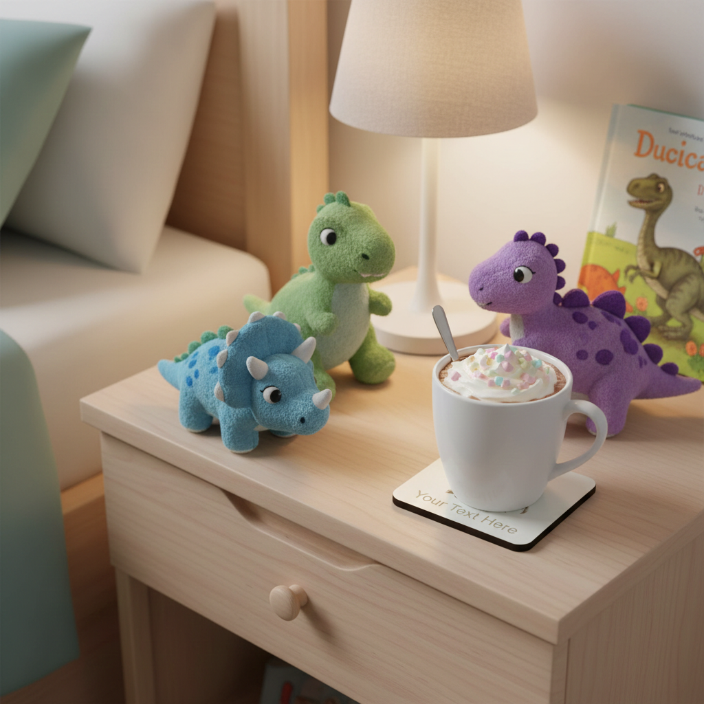 Set of 4, Wood- Personalise your own coaster- Detailed Dinosaur engraving, Bumper Feet. Any Text or Font.