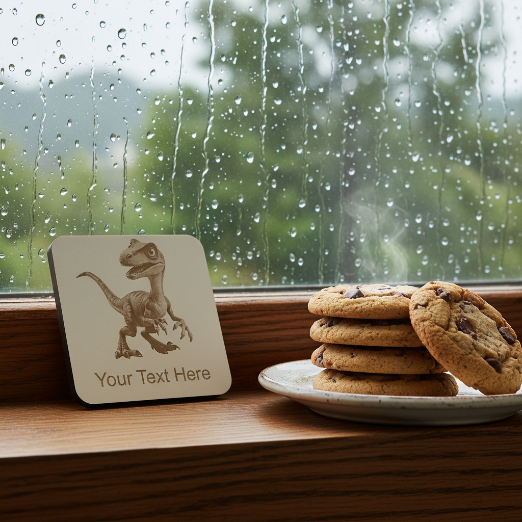 Set of 4, Wood- Personalise your own coaster- Detailed Dinosaur engraving, Bumper Feet. Any Text or Font.