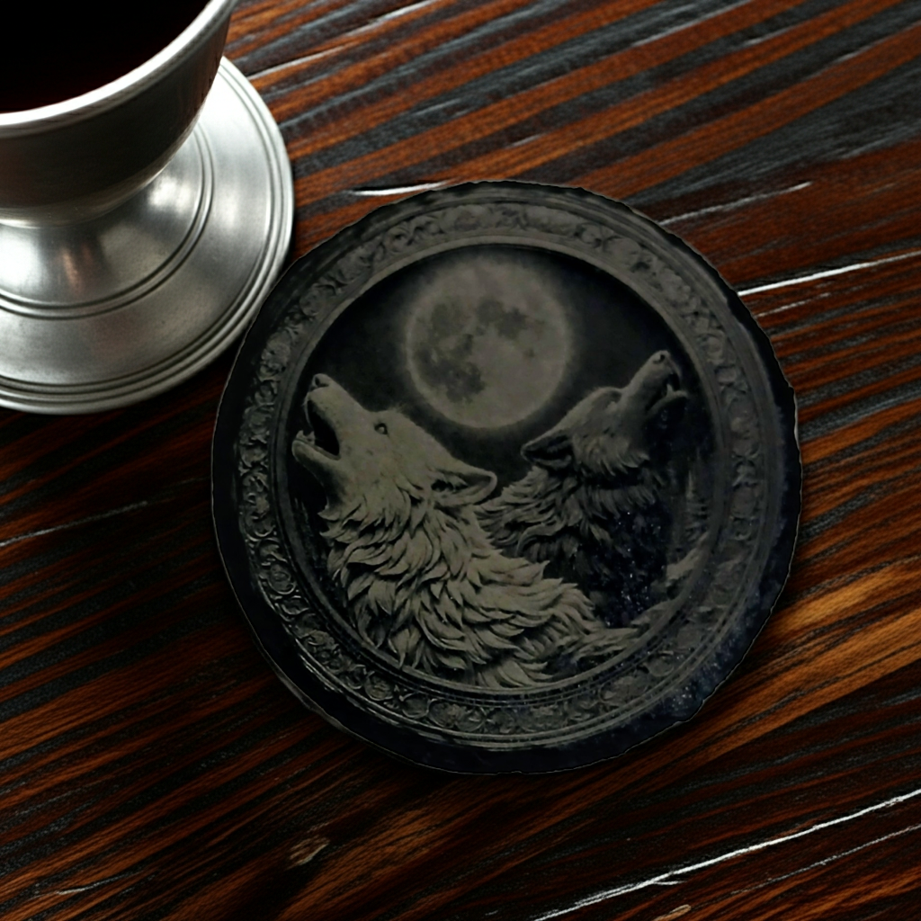 Set of 4, "Two wolves and the Moon" Round Slate Coasters with Bumper Feet.