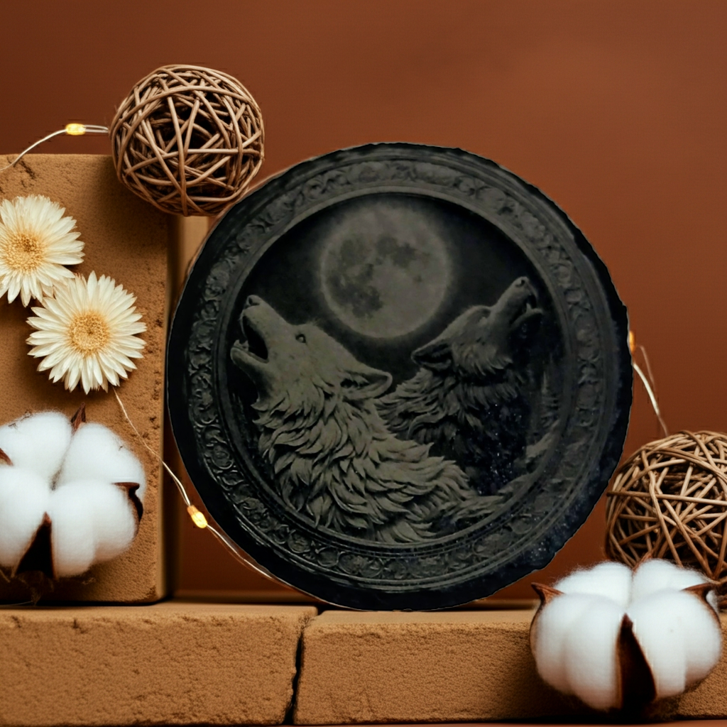 Set of 4, "Two wolves and the Moon" Round Slate Coasters with Bumper Feet.