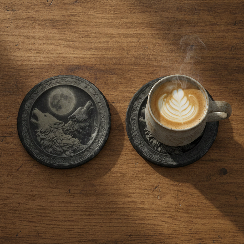 Set of 4, "Two wolves and the Moon" Round Slate Coasters with Bumper Feet. With 3d Effect.