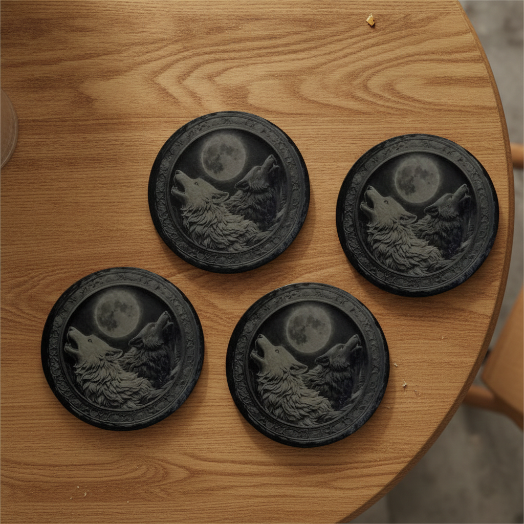 Set of 4, "Two wolves and the Moon" Round Slate Coasters with Bumper Feet. With 3d Effect.