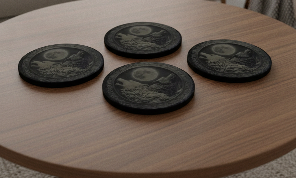 Set of 4, "Two wolves and the Moon" Round Slate Coasters with Bumper Feet. With 3d Effect.