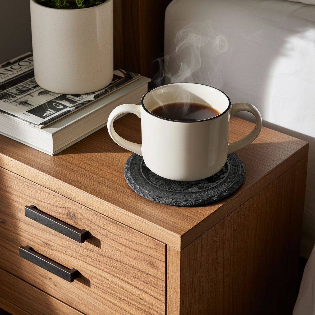 Set of 4, "Two wolves and the Moon" Round Slate Coasters with Bumper Feet.