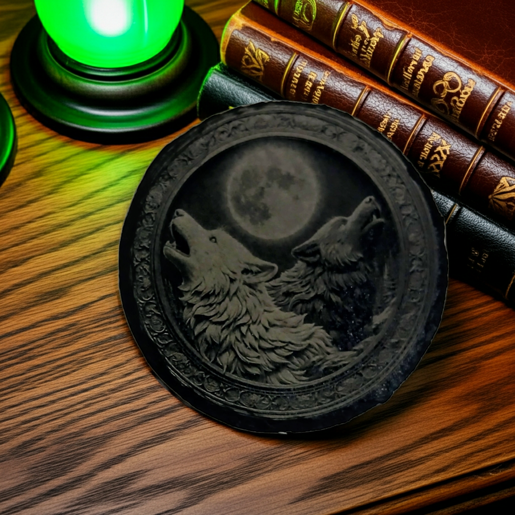 Set of 4, "Two wolves and the Moon" Round Slate Coasters with Bumper Feet.