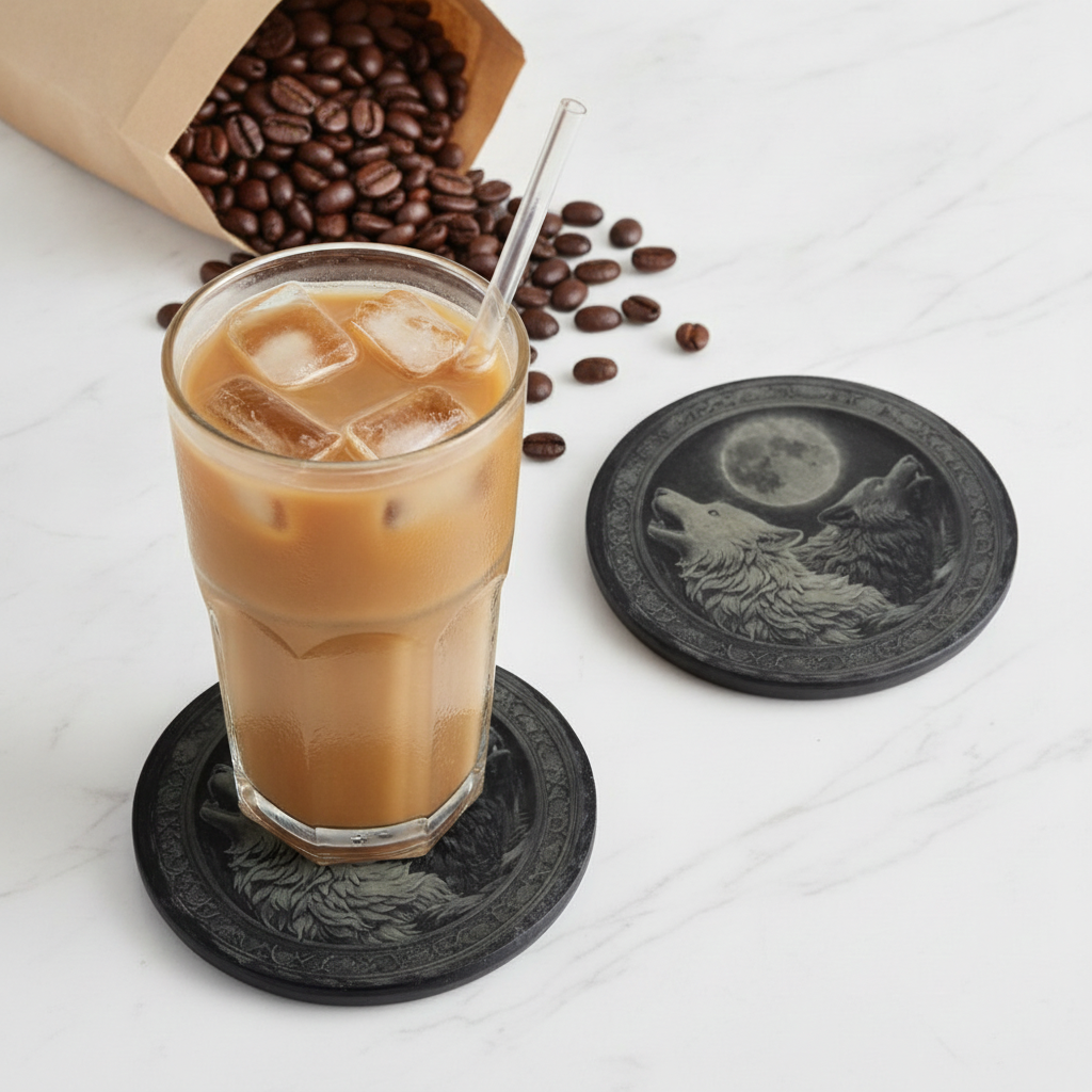 Set of 4, "Two wolves and the Moon" Round Slate Coasters with Bumper Feet. With 3d Effect.