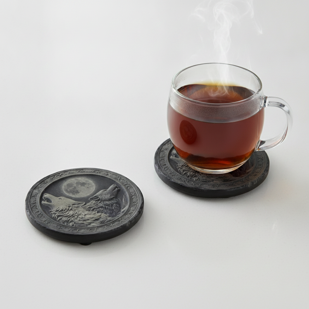 Set of 4, "Two wolves and the Moon" Round Slate Coasters with Bumper Feet. With 3d Effect.