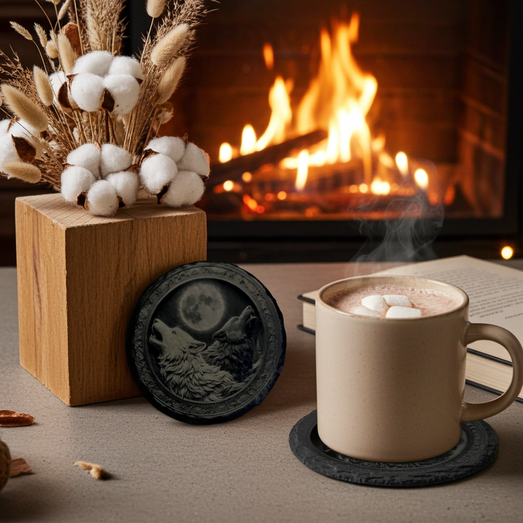 Set of 4, "Two wolves and the Moon" Round Slate Coasters with Bumper Feet.