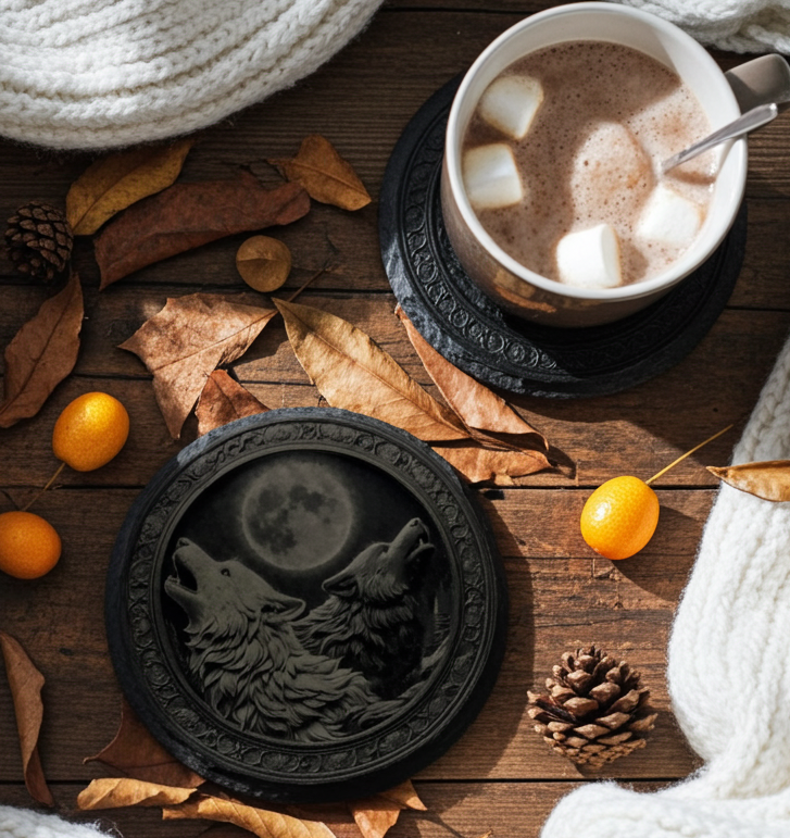 Set of 4, "Two wolves and the Moon" Round Slate Coasters with Bumper Feet.