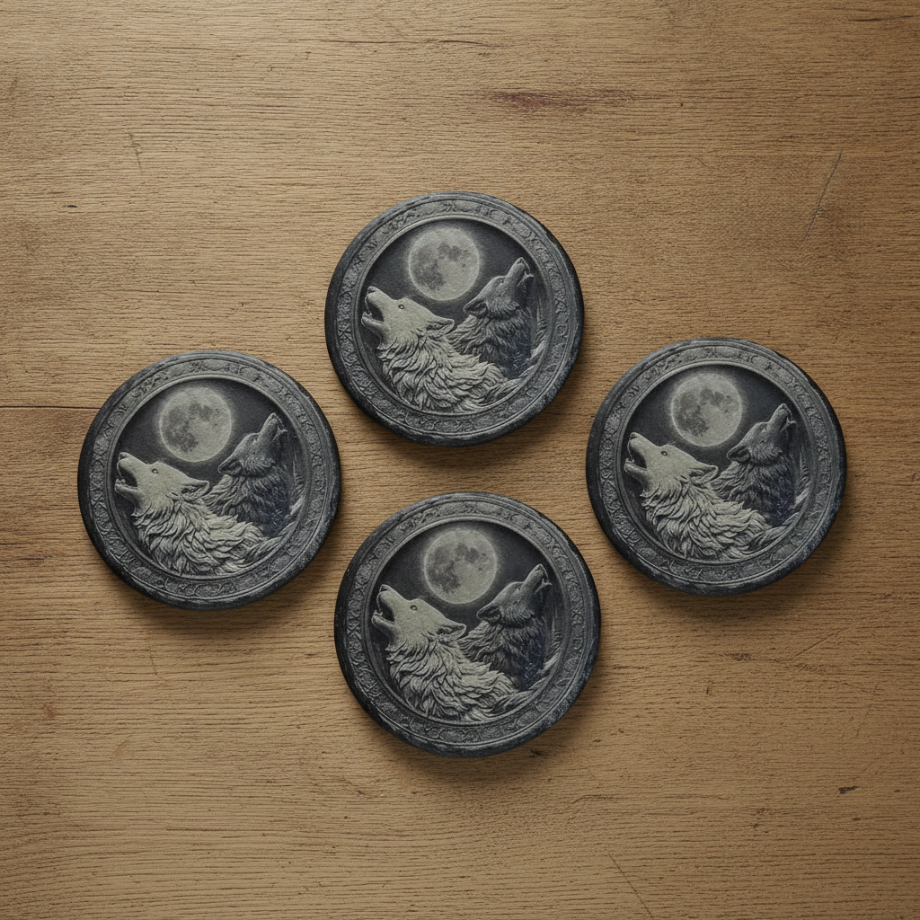 Set of 4, "Two wolves and the Moon" Round Slate Coasters with Bumper Feet. With 3d Effect.