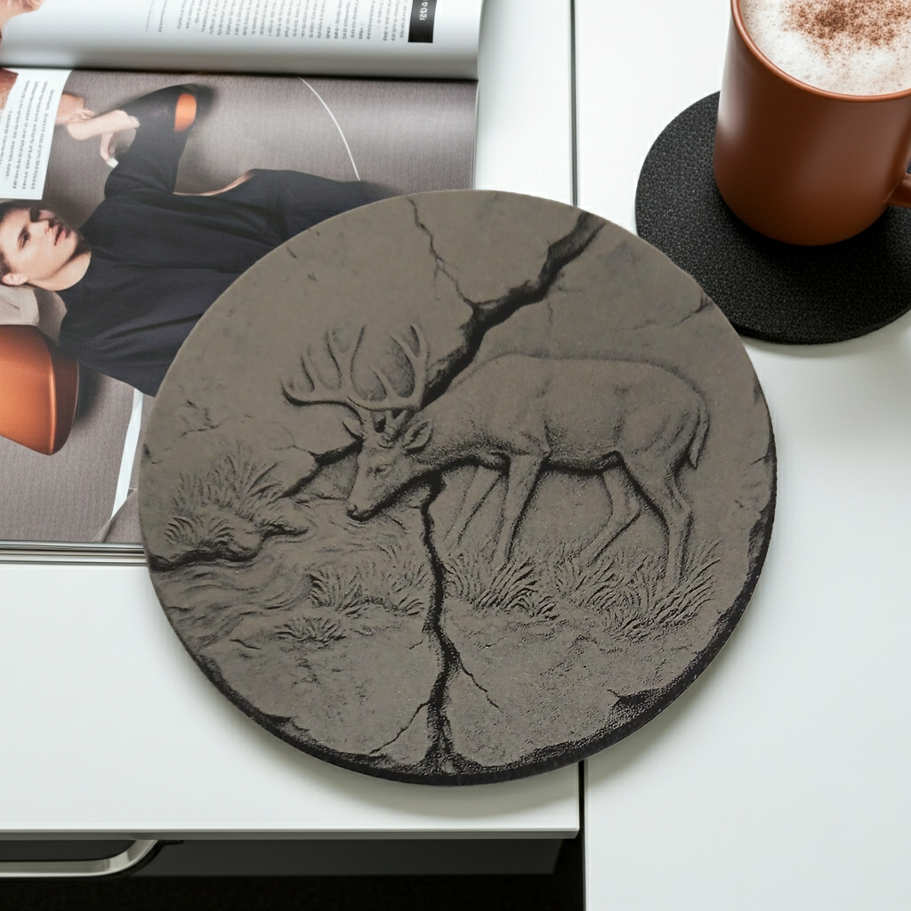 Set of 4, round slate drink coaster 3d effect - Stag on fractured earth- with bumper feet.