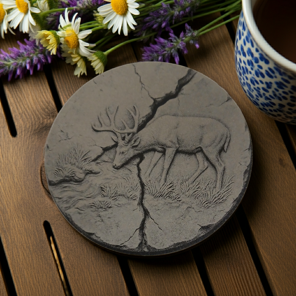 Set of 4, round slate drink coaster 3d effect - Stag on fractured earth- with bumper feet.