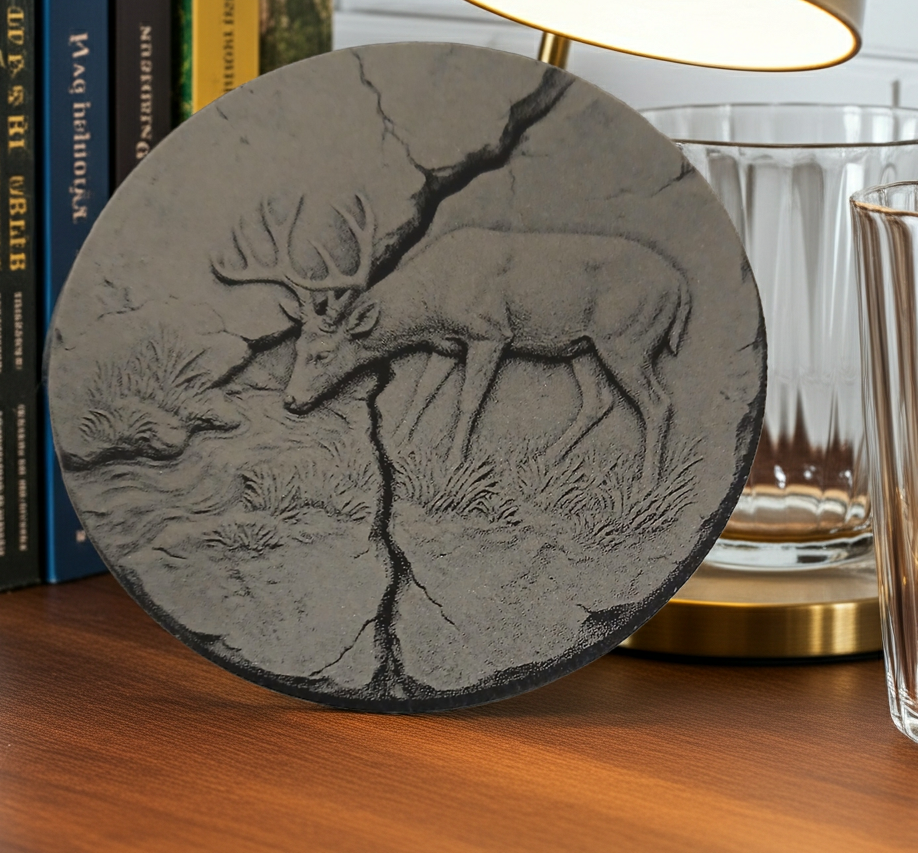 Set of 4, round slate drink coaster 3d effect - Stag on fractured earth- with bumper feet.