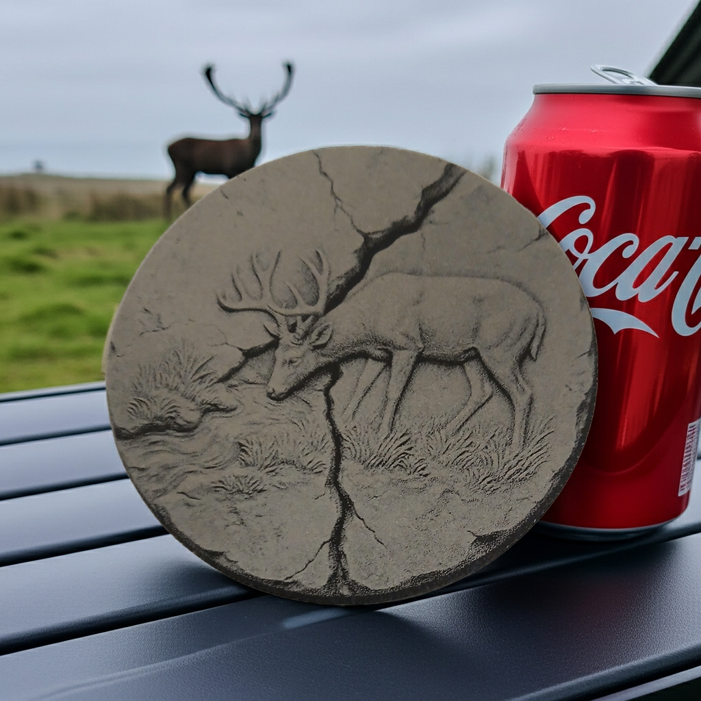 Set of 4, round slate drink coaster 3d effect - Stag on fractured earth- with bumper feet.