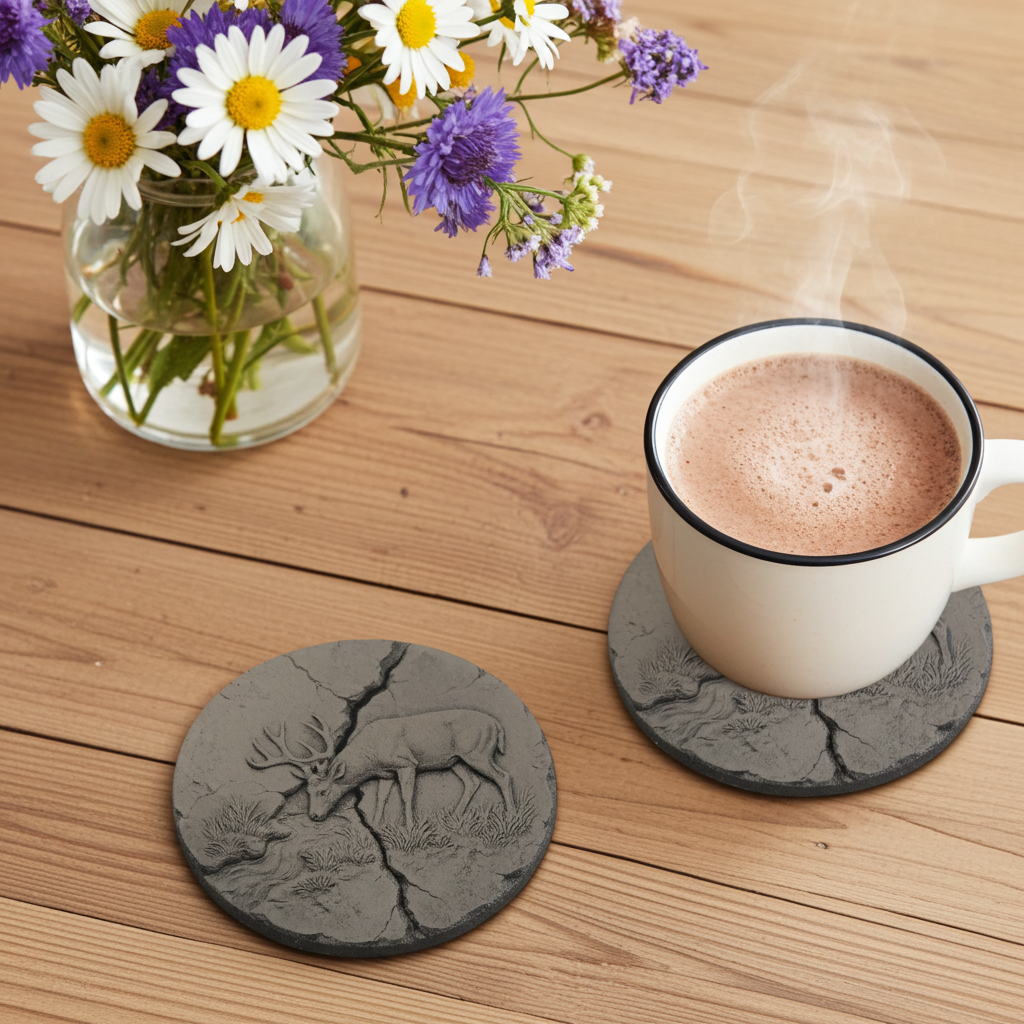 Set of 4, round slate drink coaster 3d effect - Stag on fractured earth- with bumper feet.