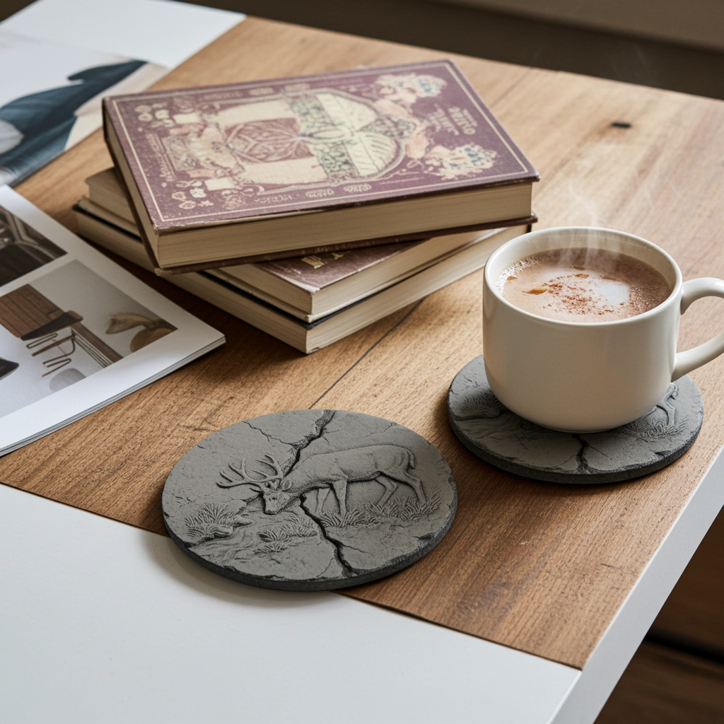 Set of 4, round slate drink coaster 3d effect - Stag on fractured earth- with bumper feet.