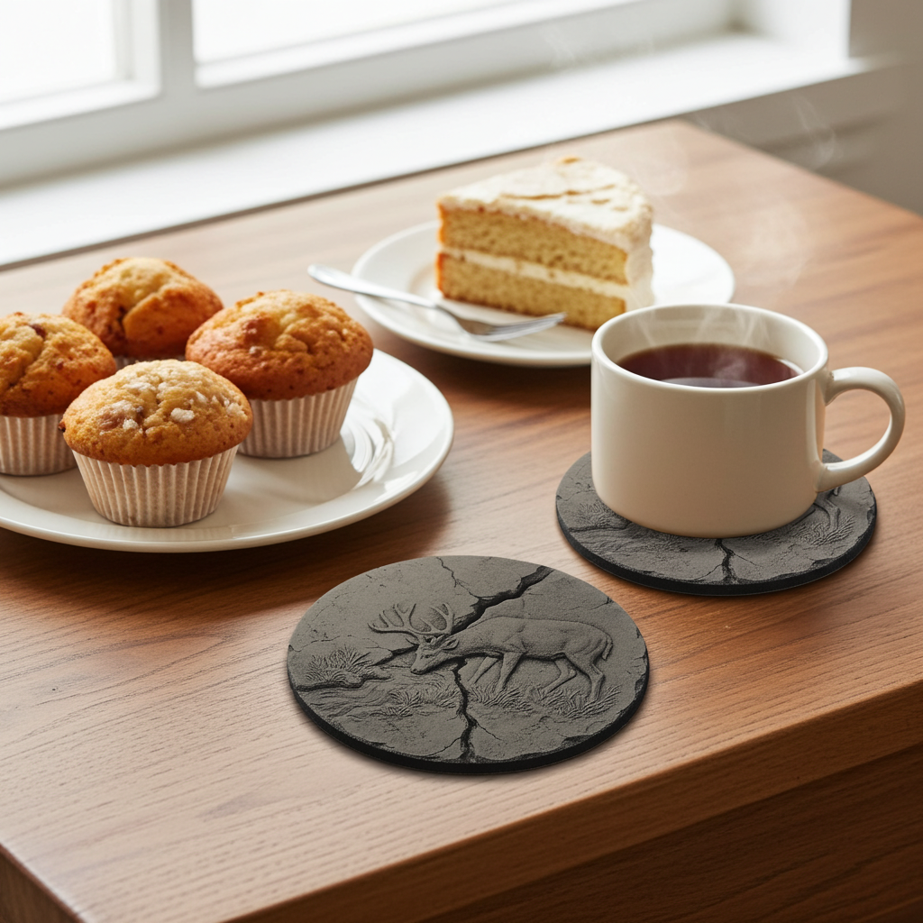 Set of 4, round slate drink coaster 3d effect - Stag on fractured earth- with bumper feet.