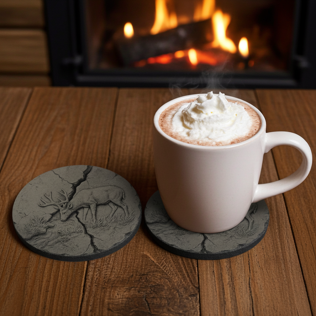 Set of 4, round slate drink coaster 3d effect - Stag on fractured earth- with bumper feet.