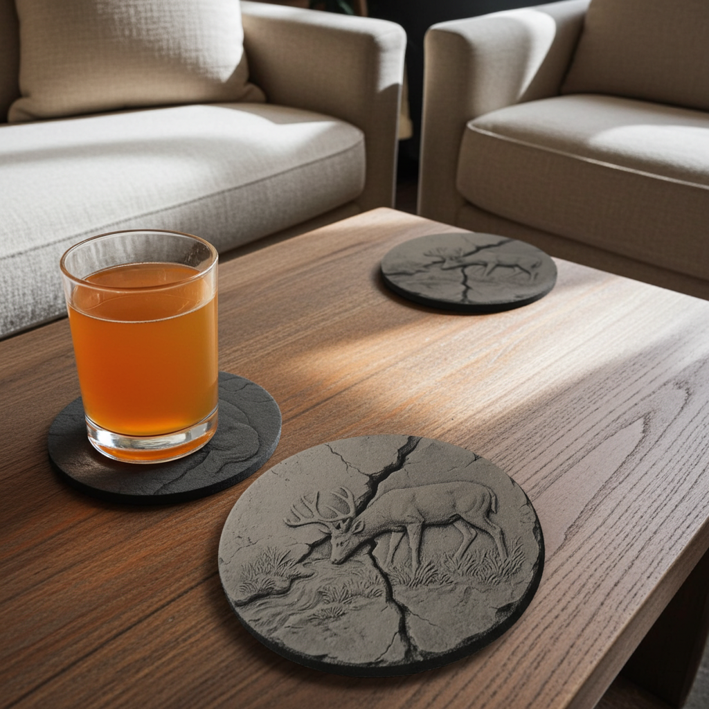 Set of 4, round slate drink coaster 3d effect - Stag on fractured earth- with bumper feet.